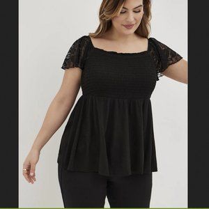 Torrid black smocked babydoll top, lace sleeves, Plus size 5X(28)